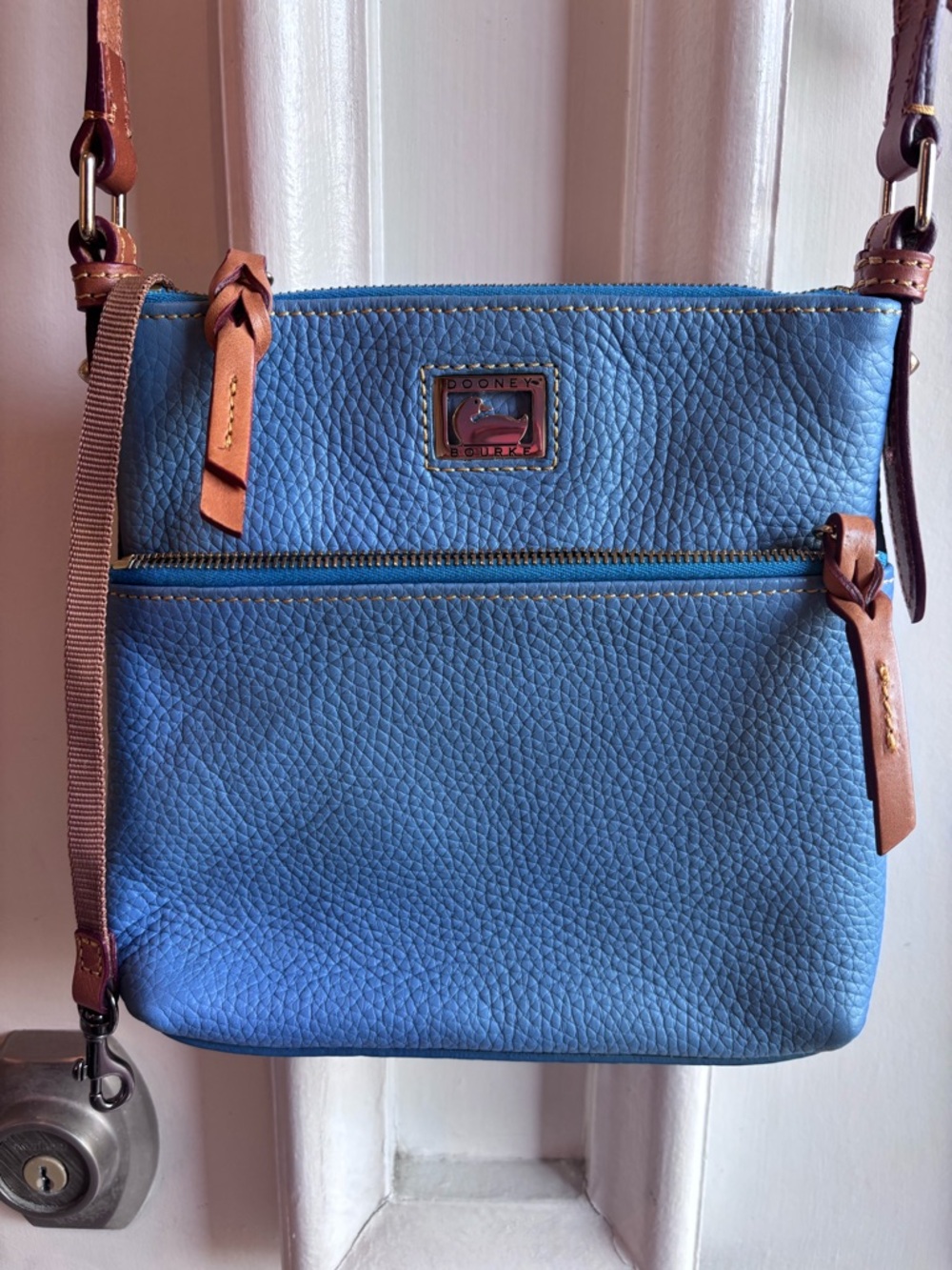 Dooney & Bourke Blue Pebble Leather Crossbody with Tan Trim